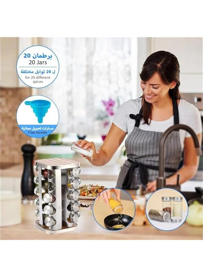 HOOKOR Rotating Spice Rack Set with 20 Spice Jars, Stainless Steel Kitchen Spice Tower Holder Organizer for Countertop Cabinet Garlic Salt Pepper, Carousel Storage Glasses Bottle - Image 2