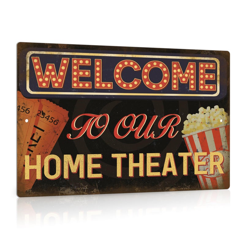 Putuo Decor Movie Sign Sign Vintage Wall Decor For Bar Cafes Pubs Media Room 12x8 Inges Aluminium Metal Sign (مرحبًا بك في مسرحنا المنزلي)