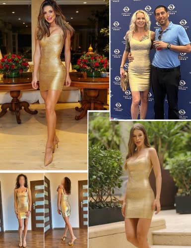 Meilun Women's Celebrity Bandage Bodycon Dress Birthday Party Pencil Dress Night Out Dress(Gold,M) - Image 2