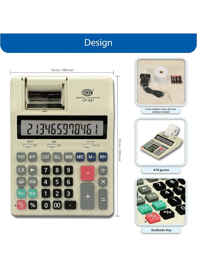 FIS Printing Calculator with 12-Digit Display, 1-Color Printing, Tax Function, White/Black/Grey - Image 4