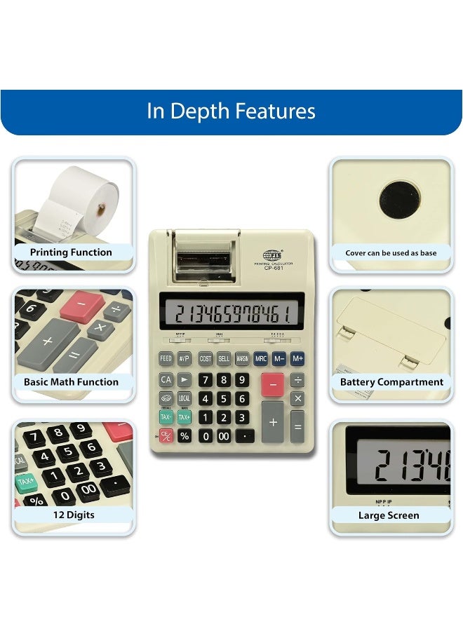 FIS Printing Calculator with 12-Digit Display, 1-Color Printing, Tax Function, White/Black/Grey - Image 3