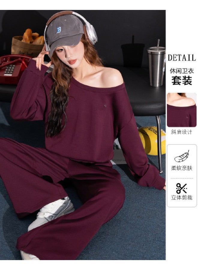 Flying in the snow Autumn And Winter Off-shoulder Long Sleeve Sweatshirt + Straight-leg Pants Wide-leg Pants Slimming Elegant Fashion Loose Versatile Red Set - Image 1