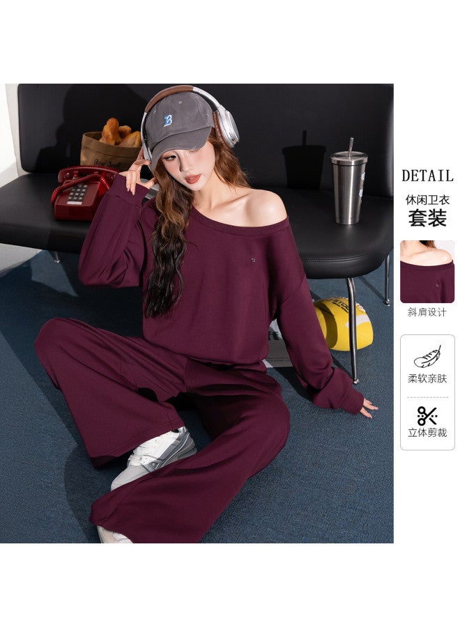 Flying in the snow Autumn And Winter Off-shoulder Long Sleeve Sweatshirt + Straight-leg Pants Wide-leg Pants Slimming Elegant Fashion Loose Versatile Red Set - Image 2