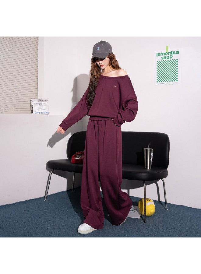 Flying in the snow Autumn And Winter Off-shoulder Long Sleeve Sweatshirt + Straight-leg Pants Wide-leg Pants Slimming Elegant Fashion Loose Versatile Red Set - Image 3