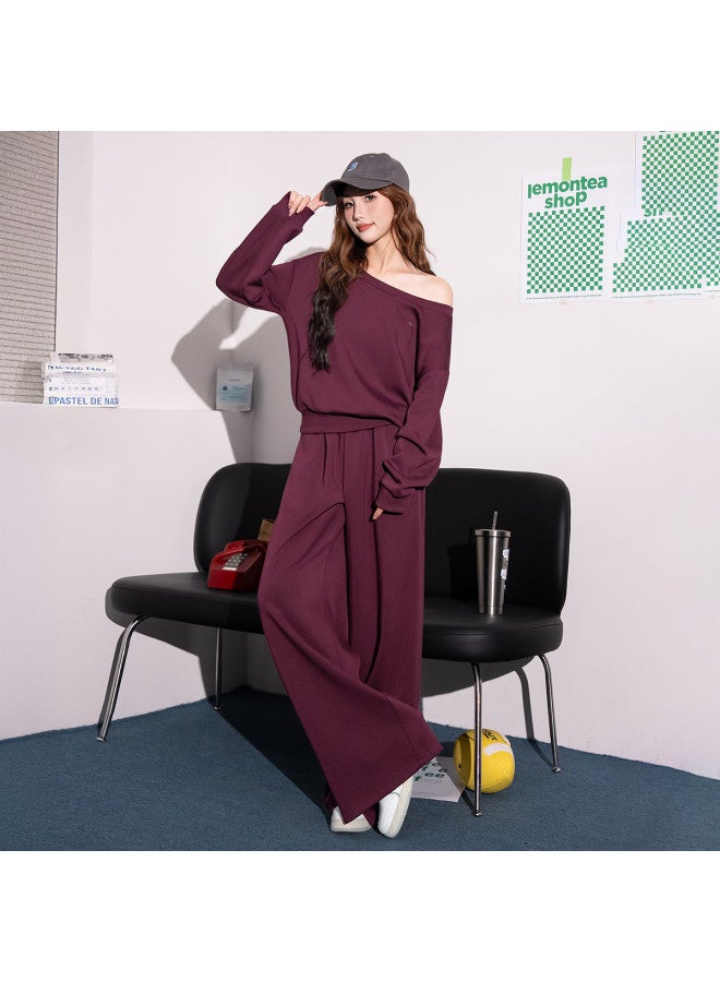 Flying in the snow Autumn And Winter Off-shoulder Long Sleeve Sweatshirt + Straight-leg Pants Wide-leg Pants Slimming Elegant Fashion Loose Versatile Red Set - Image 4