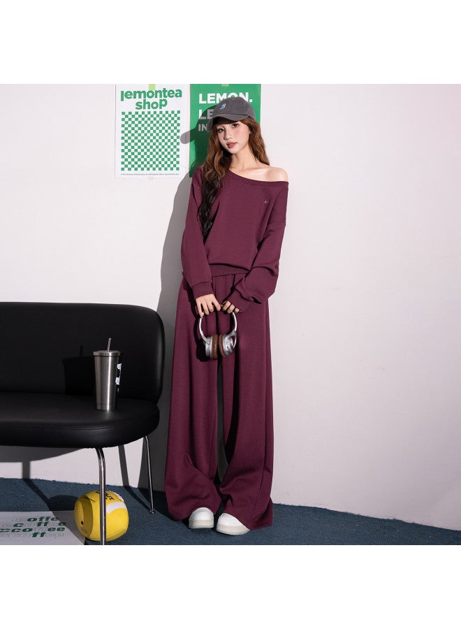 Flying in the snow Autumn And Winter Off-shoulder Long Sleeve Sweatshirt + Straight-leg Pants Wide-leg Pants Slimming Elegant Fashion Loose Versatile Red Set - Image 5