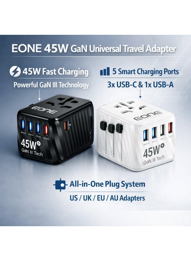 إيون شاحن سفر عالمي من إيون بقوة 45 واط بتقنية GaN III، محول عالمي بخمسة منافذ (USB-C وUSB-A)، شحن سريع بتقنية Power Delivery، متعدد المقابس (المملكة المتحدة، الاتحاد الأوروبي، الولايات المتحدة، أستراليا)، شاحن صغير الحجم للسفر - أسود/أبيض - Image 5