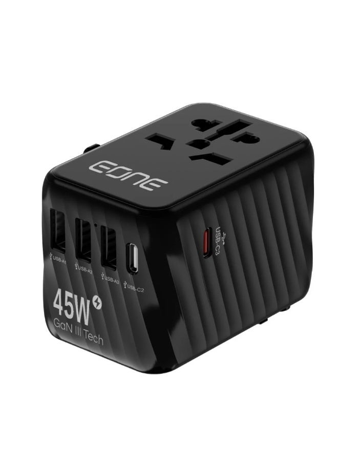 إيون شاحن سفر عالمي من إيون بقوة 45 واط بتقنية GaN III، محول عالمي بخمسة منافذ (USB-C وUSB-A)، شحن سريع بتقنية Power Delivery، متعدد المقابس (المملكة المتحدة، الاتحاد الأوروبي، الولايات المتحدة، أستراليا)، شاحن صغير الحجم للسفر - أسود/أبيض - Image 1