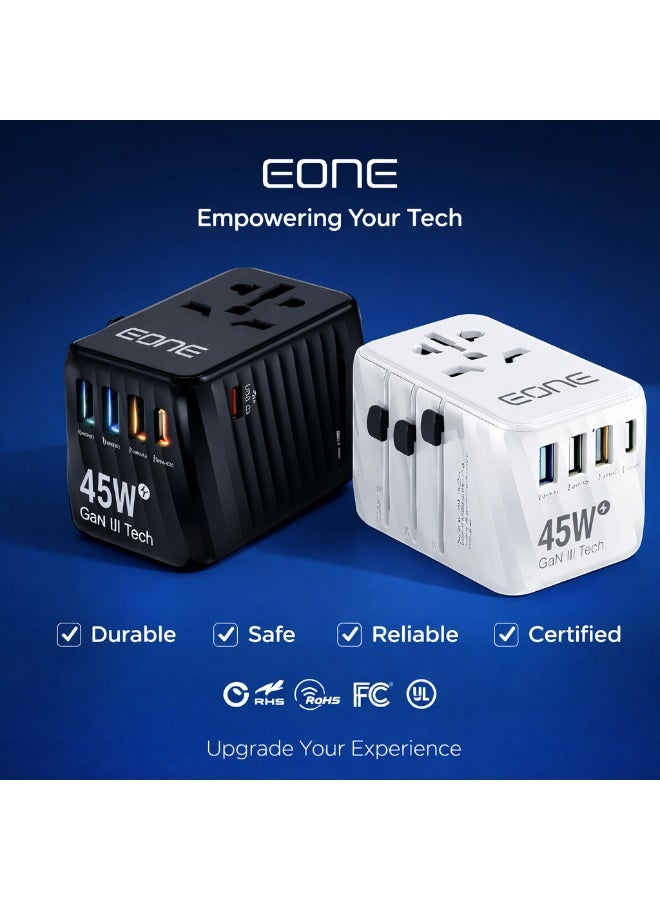 إيون شاحن سفر عالمي من إيون بقوة 45 واط بتقنية GaN III، محول عالمي بخمسة منافذ (USB-C وUSB-A)، شحن سريع بتقنية Power Delivery، متعدد المقابس (المملكة المتحدة، الاتحاد الأوروبي، الولايات المتحدة، أستراليا)، شاحن صغير الحجم للسفر - أسود/أبيض - Image 4