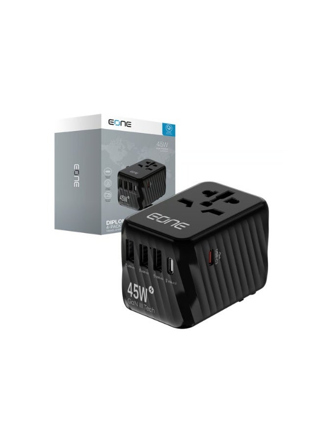 إيون شاحن سفر عالمي من إيون بقوة 45 واط بتقنية GaN III، محول عالمي بخمسة منافذ (USB-C وUSB-A)، شحن سريع بتقنية Power Delivery، متعدد المقابس (المملكة المتحدة، الاتحاد الأوروبي، الولايات المتحدة، أستراليا)، شاحن صغير الحجم للسفر - أسود/أبيض - Image 2