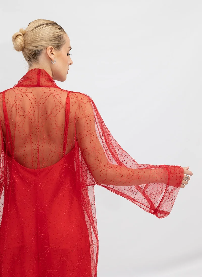 جانارا جونز Red Beaded Organza Abaya Kaftan