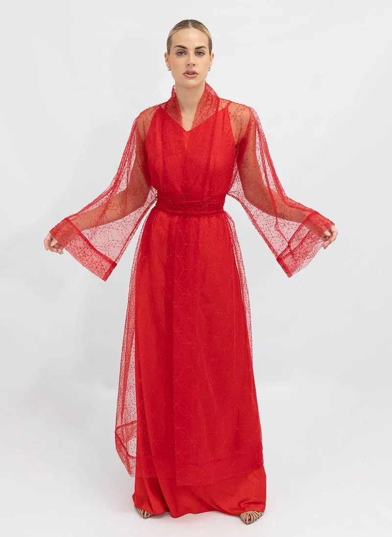 جانارا جونز Red Beaded Organza Abaya Kaftan