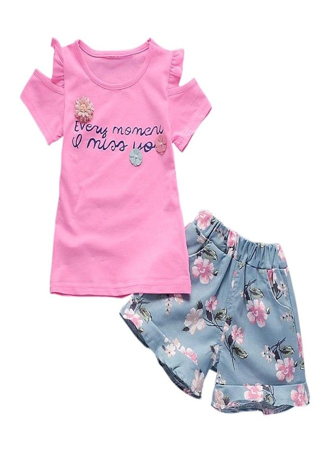 Mummamia Baby Girls Cold Shoulder Floral Tee & Shorts Set - Pink