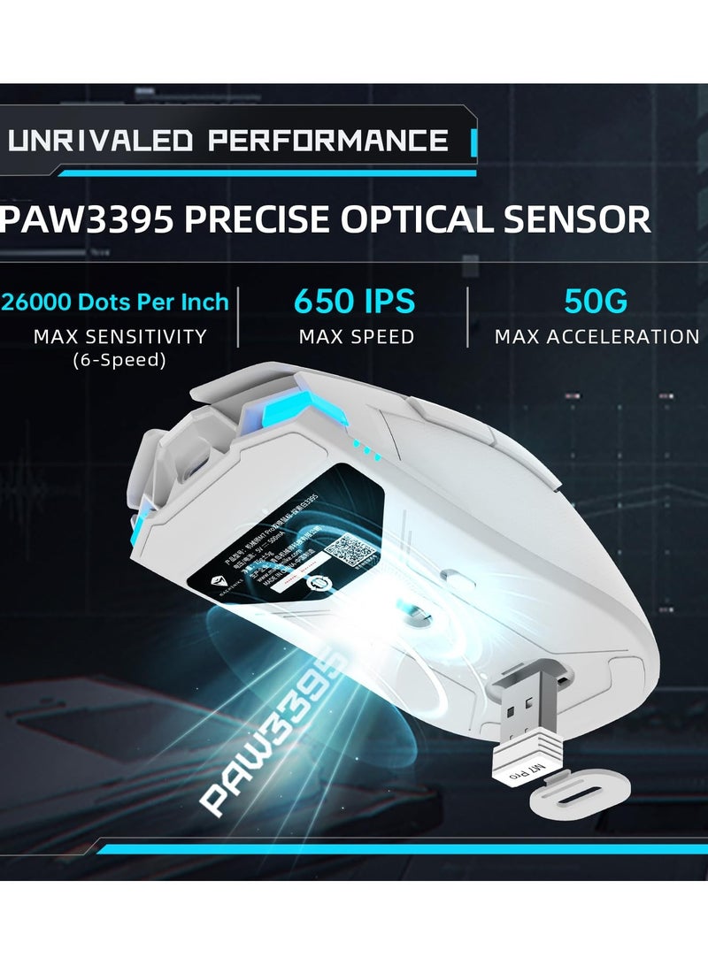 ماكينيك ماوس ألعاب لاسلكي M7 PRO، دقة 26000 نقطة في البوصة، مستشعر PAW3395، إضاءة خلفية RGB، تصميم مريح، 6 أزرار قابلة للبرمجة، عمر بطارية طويل، خفيف الوزن للغاية، فأرة ألعاب بيضاء متوافقة مع أجهزة الكمبيوتر الشخصية وأجهزة ماك - Image 2
