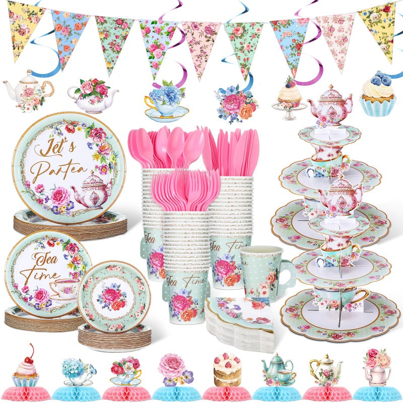 Skybooly 257 Pcs Tea Party Supplies Decoration Include Disposable Floral Paper Plate Napkin Teacup Saucer Set Cupcake Stand Centerpiece Bunting Banner Hanging Decoration for Teapot Party (Mint Green) - Image 1