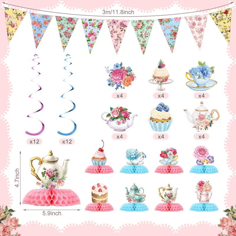 Skybooly 257 Pcs Tea Party Supplies Decoration Include Disposable Floral Paper Plate Napkin Teacup Saucer Set Cupcake Stand Centerpiece Bunting Banner Hanging Decoration for Teapot Party (Mint Green) - Image 2