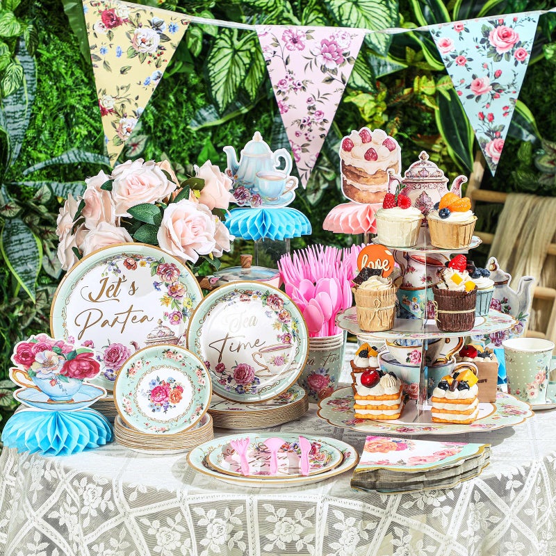 Skybooly 257 Pcs Tea Party Supplies Decoration Include Disposable Floral Paper Plate Napkin Teacup Saucer Set Cupcake Stand Centerpiece Bunting Banner Hanging Decoration for Teapot Party (Mint Green) - Image 4