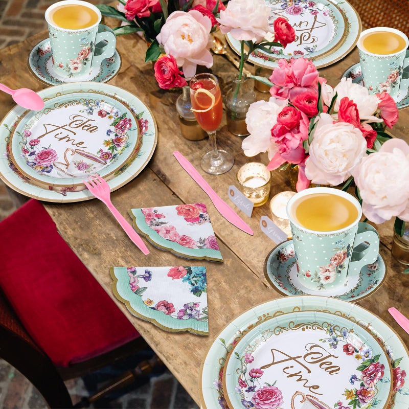 Skybooly 257 Pcs Tea Party Supplies Decoration Include Disposable Floral Paper Plate Napkin Teacup Saucer Set Cupcake Stand Centerpiece Bunting Banner Hanging Decoration for Teapot Party (Mint Green) - Image 5