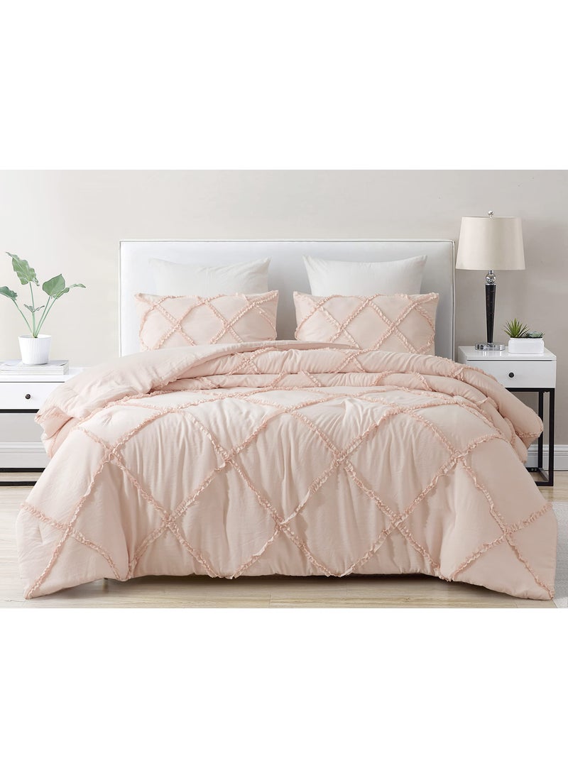 Chezmoi Collection Chezmoi Collection Vivian 3Piece Diamond Ruffle Quilted Trim Soft Washed Microfiber Comforter Set Full Blush 