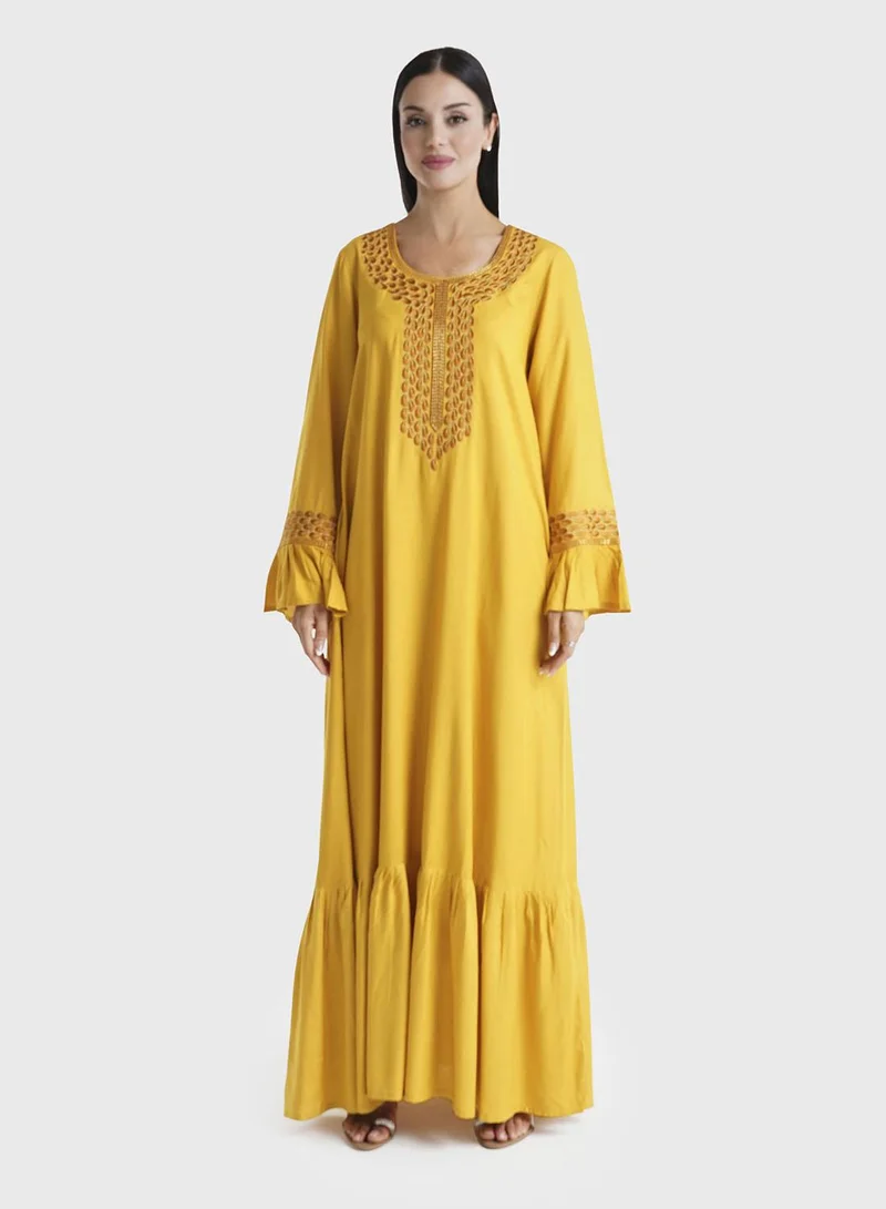 كشخة جلابية منزلية مطرزة بالآلة من الرايون بلون الخردل