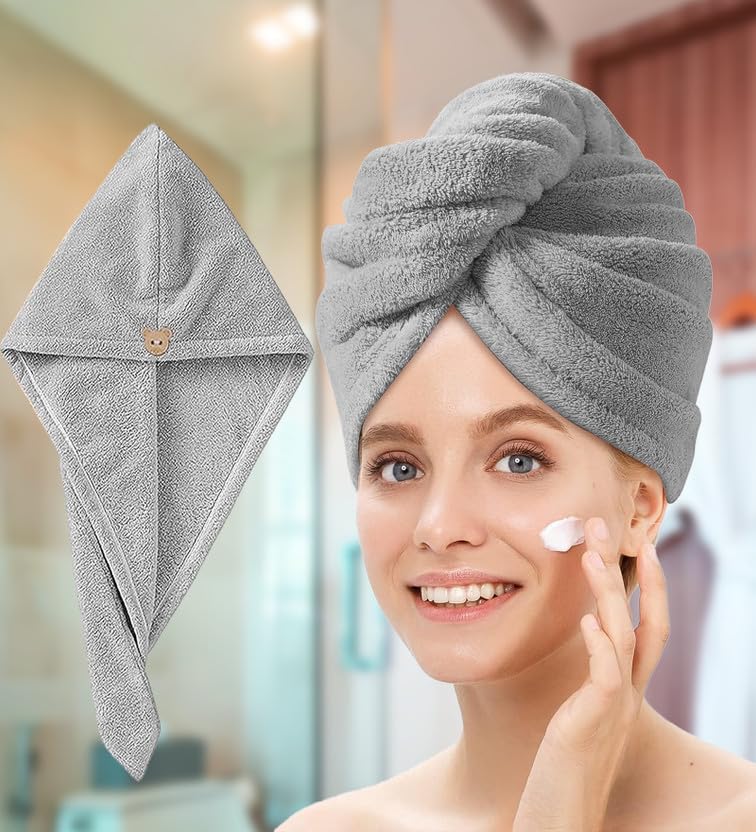 Fezora Hair Towel Wrap for Women (Pack of 2) | Quick-Dry Microfiber Hair Turban with Elastic Loop | Super Absorbent Hair Drying Towel for Ladies & Girls (Sky & Grey) - Image 3