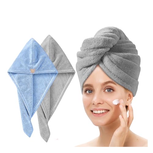Fezora Hair Towel Wrap for Women (Pack of 2) | Quick-Dry Microfiber Hair Turban with Elastic Loop | Super Absorbent Hair Drying Towel for Ladies & Girls (Sky & Grey) - Image 1