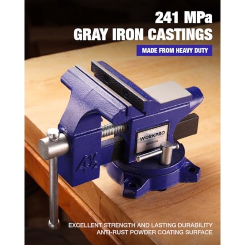 Bench Vise, 1 set, woodworking professionals, cast iron, 11.4 cm jaw width, heavy-duty clamping, black, swivel base with 360 rotation - Image 2