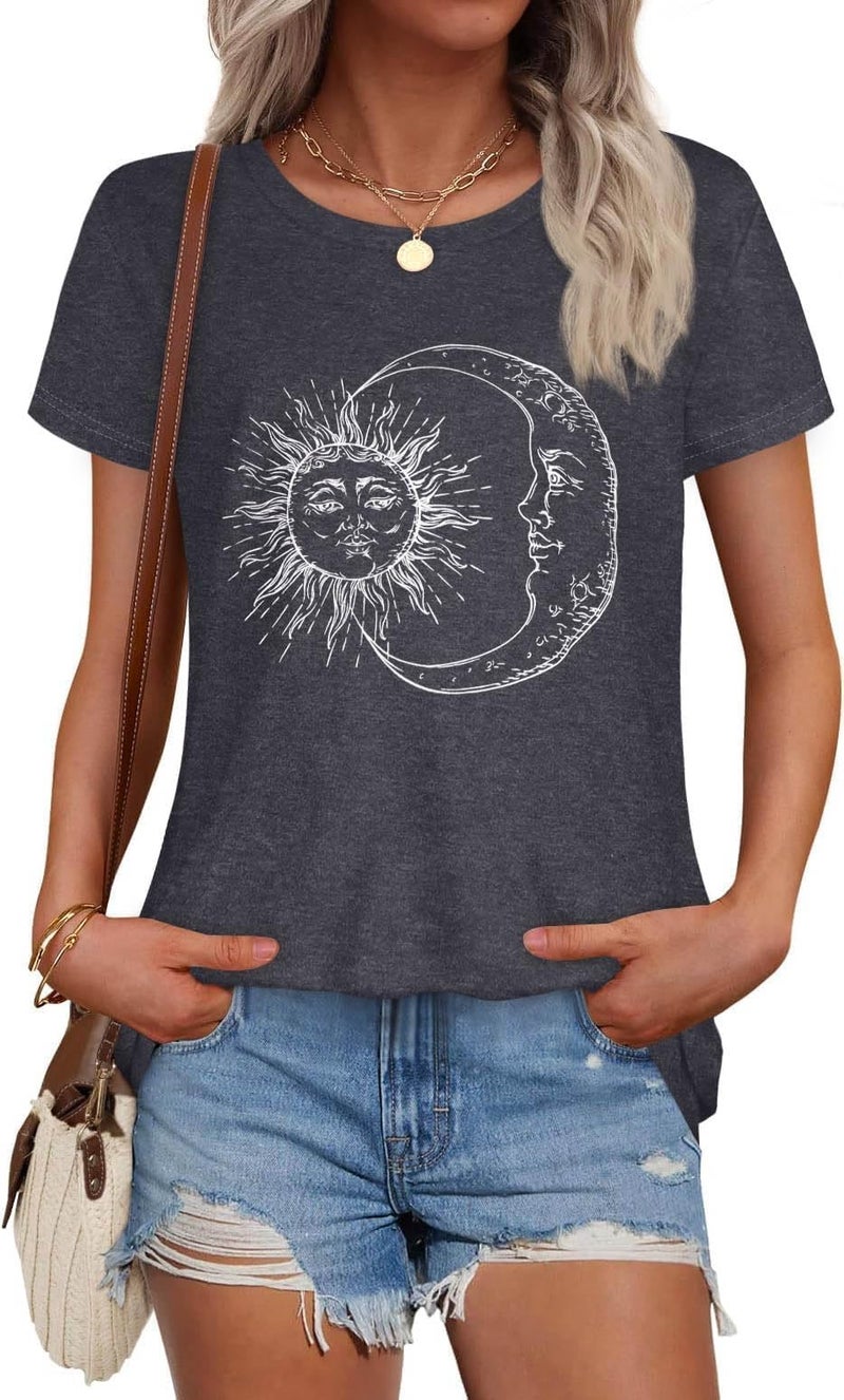 rosemia T Shirts for Women Summer Short Sleeve Crewneck Casual Cute Graphic Basic Tees Tops, Deep Grey Moon, XL - Image 1