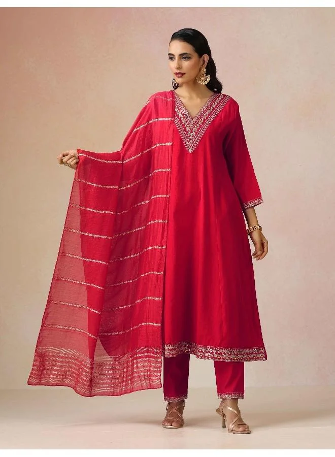 trueBrowns Red Embroidered A-line Kurta 3pc Set