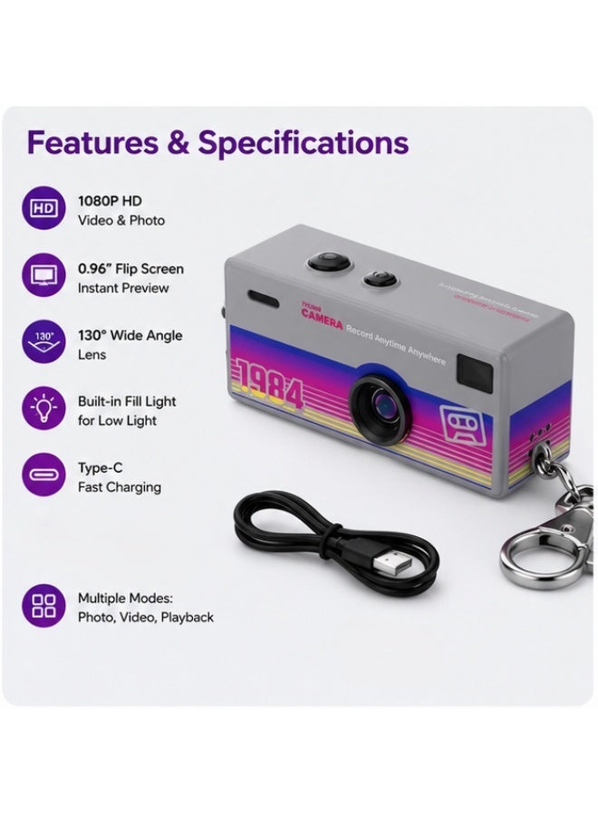 Mini Digital Camera 1080P HD Video Recorder, Retro Thumb Pocket Camera with 0.96" LCD Screen, Portable Vlogging Keychain Camera, 5 Filters, PC Webcam, Mic & Speaker, Rechargeable Travel Camera for Kids, Teens & Content Creators, Supports 32GB TF Card (Grey) - Image 2