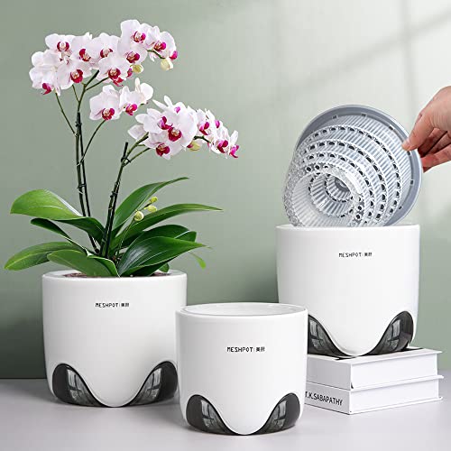 Meshpot 6 inch Orchid Pots with Holes for Repotting with Excellent Airflow, Set of 1, Double Layer Plastic Imitate Ceramic Orchid Planter, Clear Orchid Pot Match Decorative Orchid Container - Image 1