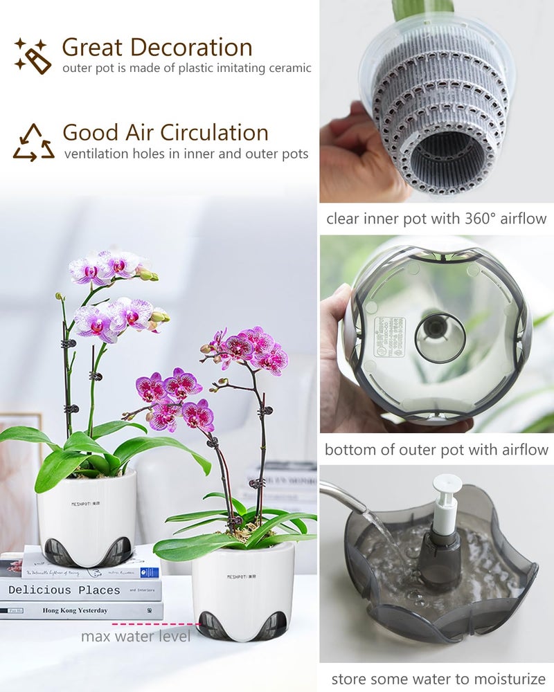 Meshpot 6 inch Orchid Pots with Holes for Repotting with Excellent Airflow, Set of 1, Double Layer Plastic Imitate Ceramic Orchid Planter, Clear Orchid Pot Match Decorative Orchid Container - Image 2