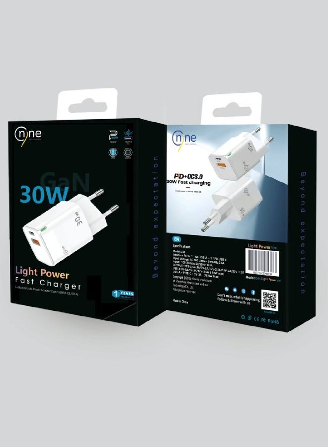 Nine USB WALL CHARGER LIGHT POWER TWO PORT ( PD- USBA ) 30W EU - White