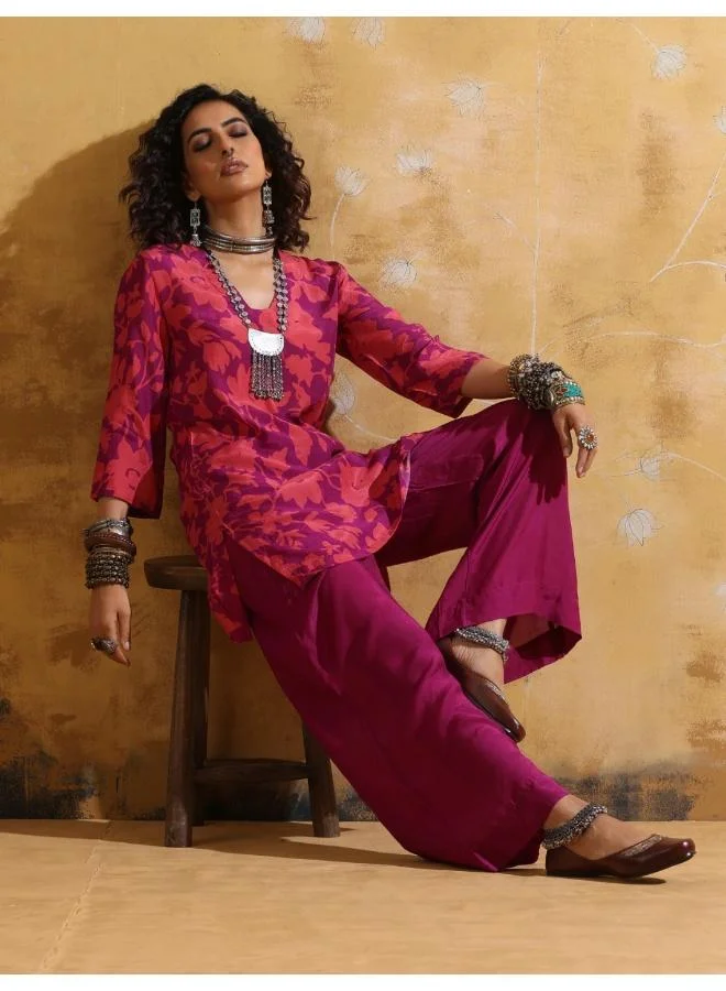 ترو برونز trueBrowns Purple Peach Jaal Print Muslin Silk Flared Pants Co-ord Set