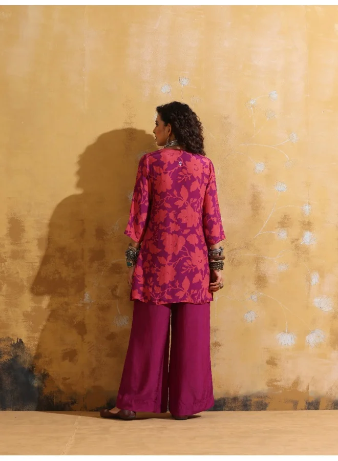 ترو برونز trueBrowns Purple Peach Jaal Print Muslin Silk Flared Pants Co-ord Set