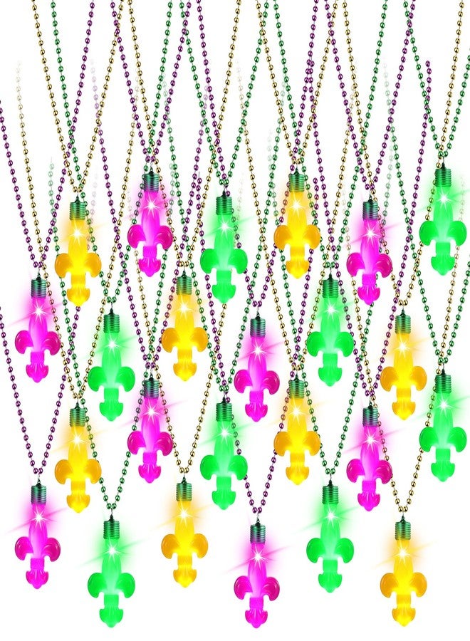 Ferreve 24 Pcs Light up Mardi Gras Beads Necklace Green Purple and Yellow Carnival LED Necklaces Mardi Gras Lanyard Glow Beads Necklace Glow Party Birthdays Weddings Raves Party Favors Decorations - Image 1