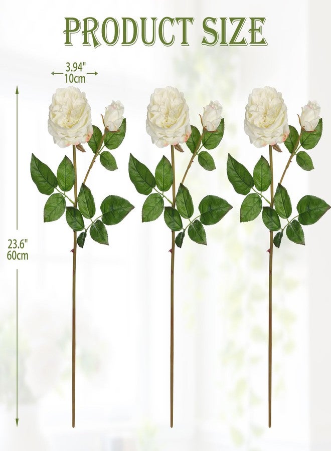 Arborus Real Touch Artificial Roses (Set of 3) - 23.6" Long Stem White Garden Roses - Lifelike Faux Silk Flowers for Wedding Bouquets, Home Décor, Centerpieces & Floral Arrangements - Image 2