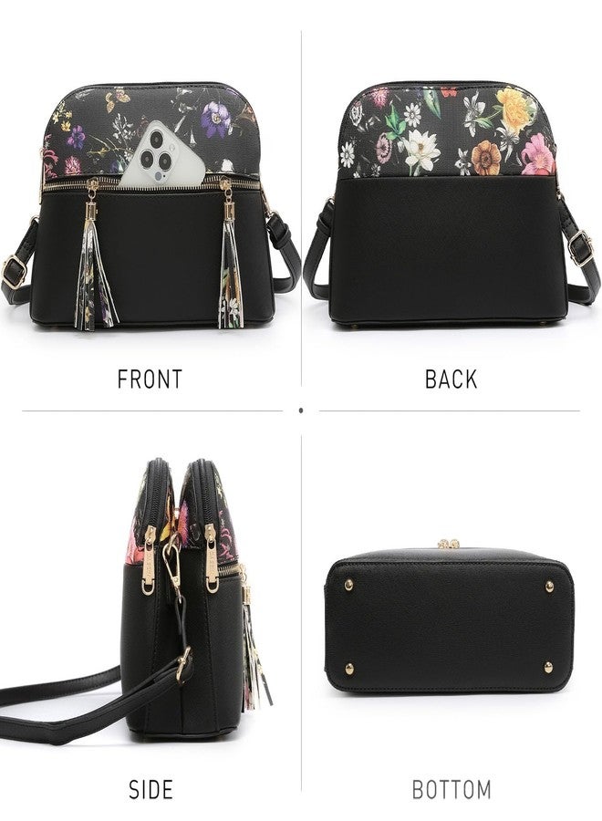 Dasein Women Tassel Zipper Pocket Crossbody Bag Shoulder Purse Fashion Travel Bag with Multi Pockets (Black Flower/Black) - Image 3