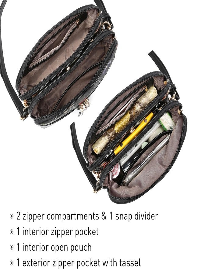 Dasein Women Tassel Zipper Pocket Crossbody Bag Shoulder Purse Fashion Travel Bag with Multi Pockets (Black Flower/Black) - Image 5