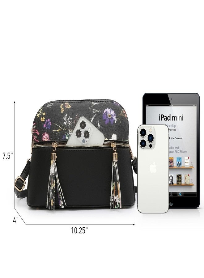 Dasein Women Tassel Zipper Pocket Crossbody Bag Shoulder Purse Fashion Travel Bag with Multi Pockets (Black Flower/Black) - Image 4