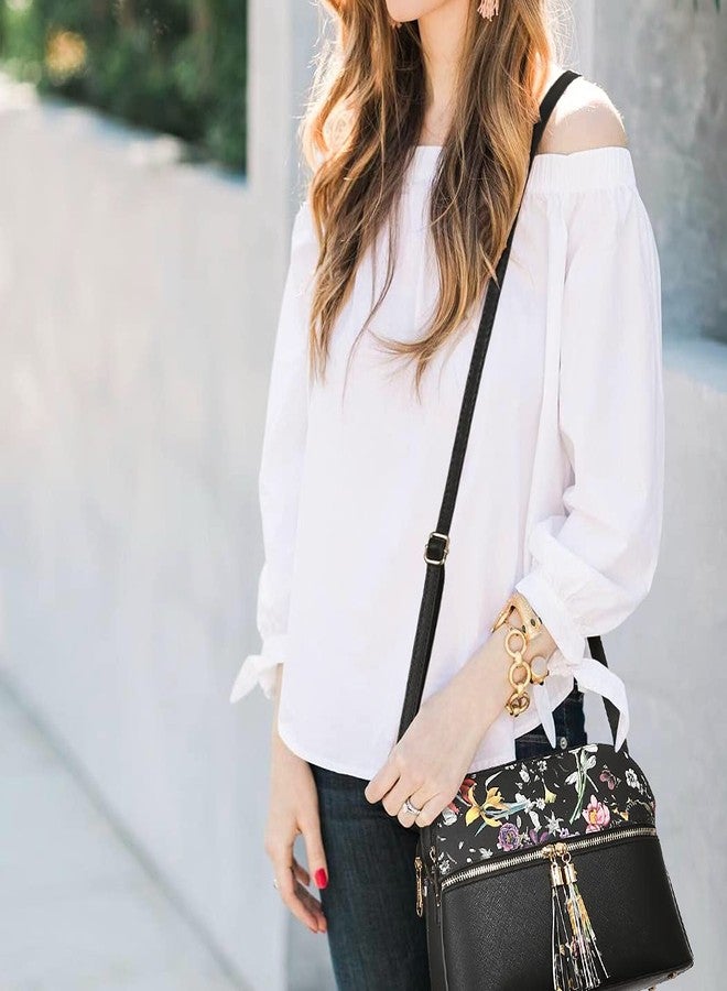 Dasein Women Tassel Zipper Pocket Crossbody Bag Shoulder Purse Fashion Travel Bag with Multi Pockets (Black Flower/Black) - Image 2