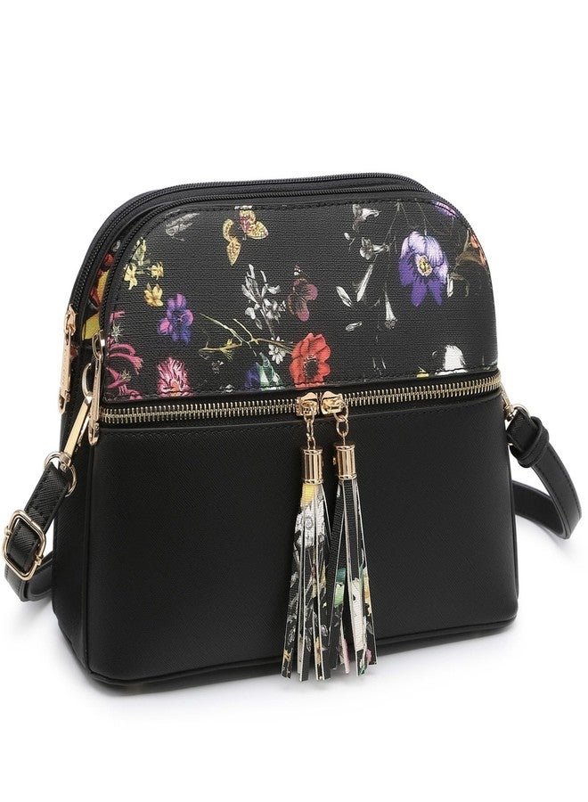 Dasein Women Tassel Zipper Pocket Crossbody Bag Shoulder Purse Fashion Travel Bag with Multi Pockets (Black Flower/Black) - Image 1