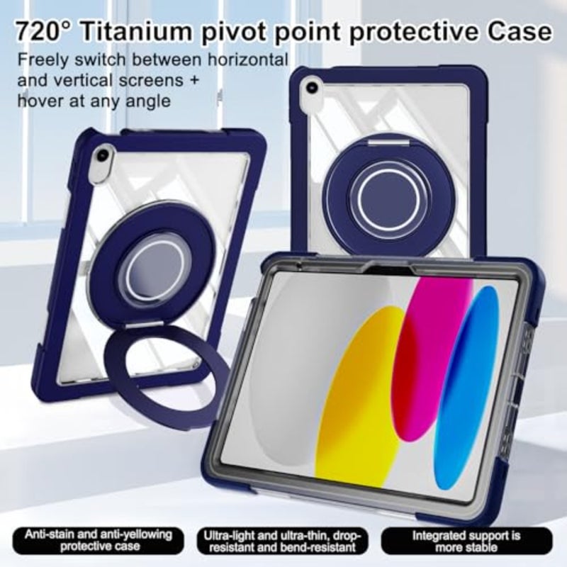 iPad tablet cover for 11th gen 2025 and 10th gen 2022, slim crystal armor shockproof silicone and polycarbonate with 360 rotating stand, anti-yellowing, dark blue - Image 2