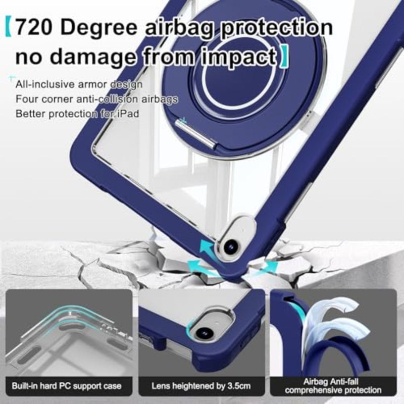 iPad tablet cover for 11th gen 2025 and 10th gen 2022, slim crystal armor shockproof silicone and polycarbonate with 360 rotating stand, anti-yellowing, dark blue - Image 3