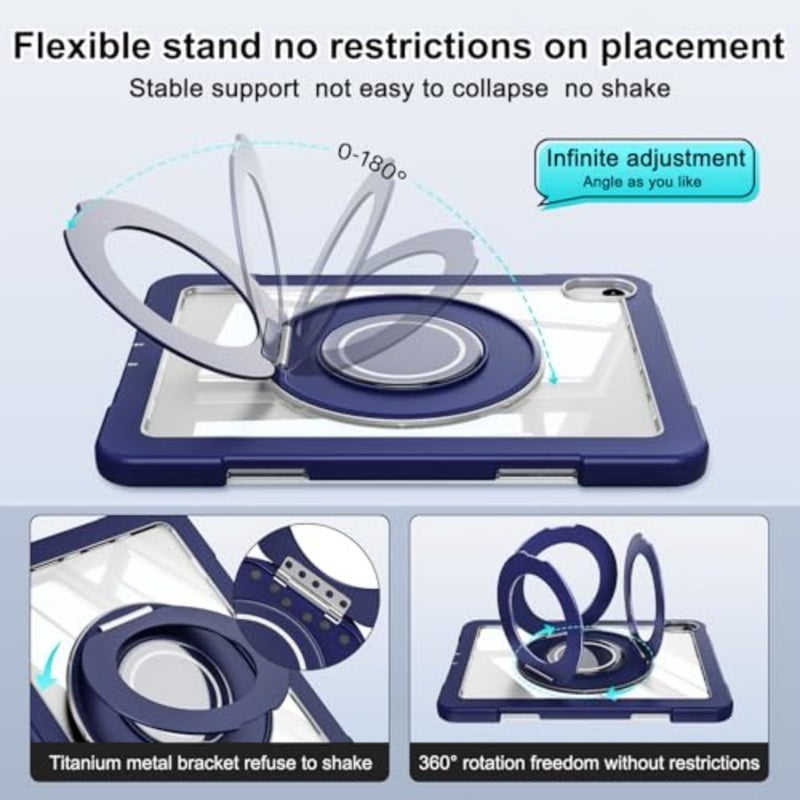 iPad tablet cover for 11th gen 2025 and 10th gen 2022, slim crystal armor shockproof silicone and polycarbonate with 360 rotating stand, anti-yellowing, dark blue - Image 5