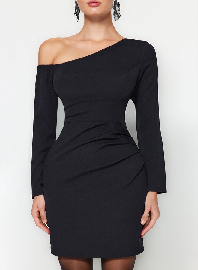 trendyol Black Fitted Draped Woven Short Elegant Evening Dress TPRAW24EL00083  - Image 4