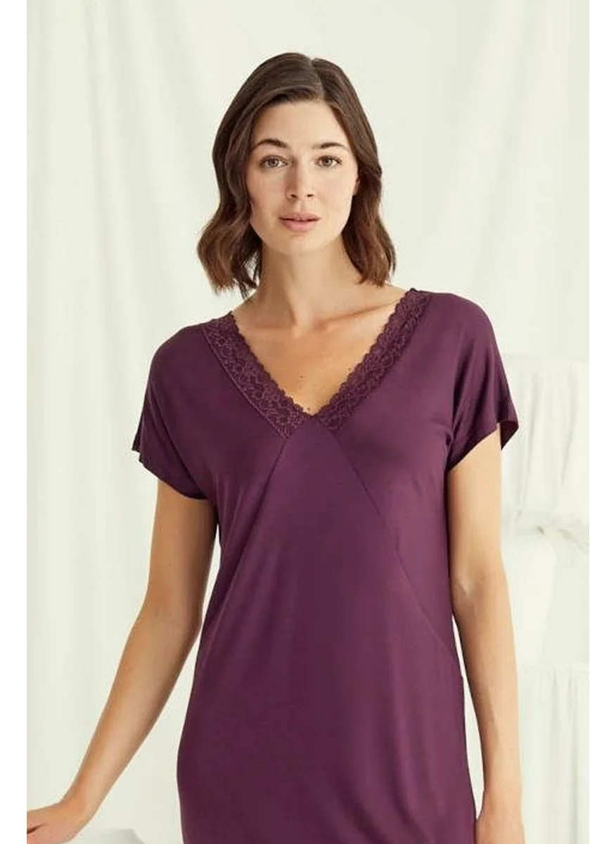 Monamise 18500 Women's V-Neck Short Sleeve Nightgown-Burgundy