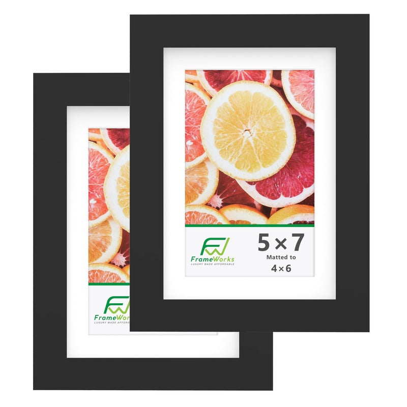 FrameWorks 2Pack 5x7 Matted to 4x6 Picture Frame Black  Classic Wooden Photo Frame with Tempered Glass Modern Matte Finish for Prints Posters Certificates  Wall Decor  GalleryReady