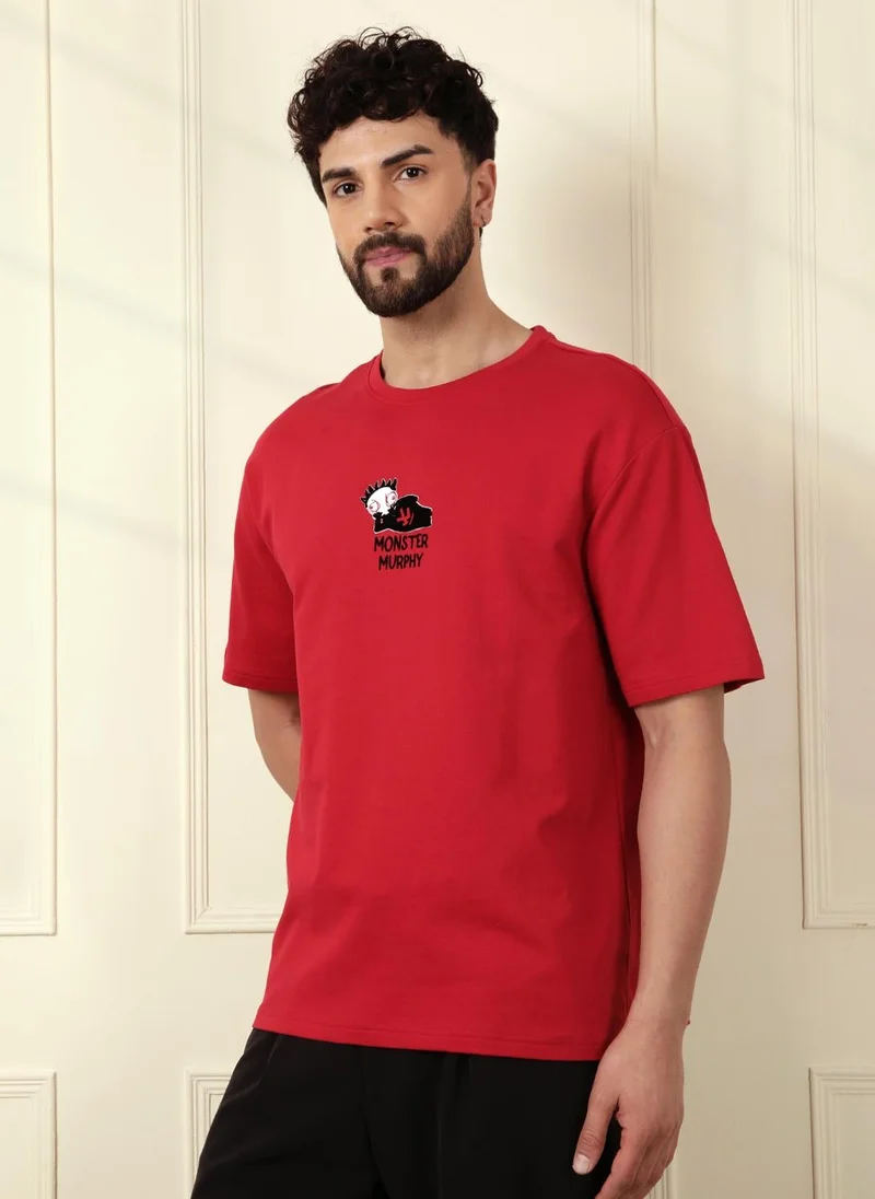 روجن Heavy GSM Printed Monster T-Shirt | Red