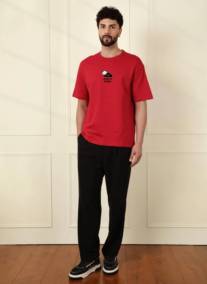 روجن Heavy GSM Printed Monster T-Shirt | Red